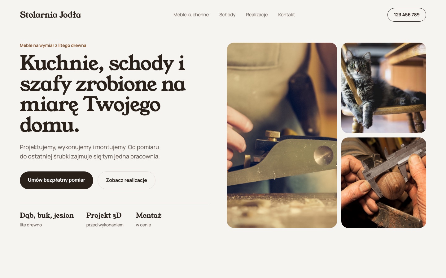Ta sama stolarnia po odświeżeniu: duże zdjęcia, czytelna oferta, telefon w nagłówku
